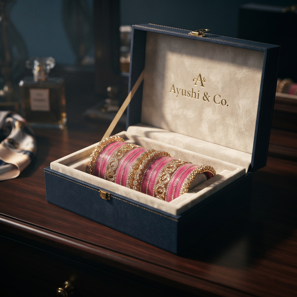 AYSIMA Gauri – Pink Bridal Bangle Set with Gold-Tone Floral Kadas - 42 pieces