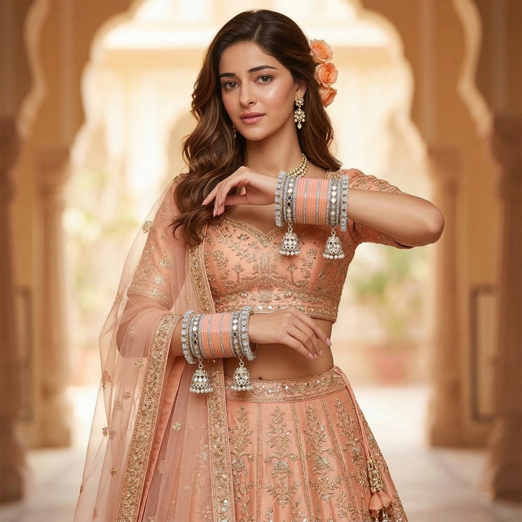 AYSIMA Anaya – Peach Bridal Bangles with Mirror-Look Kadas & Jhumka Charms - 40 pieces