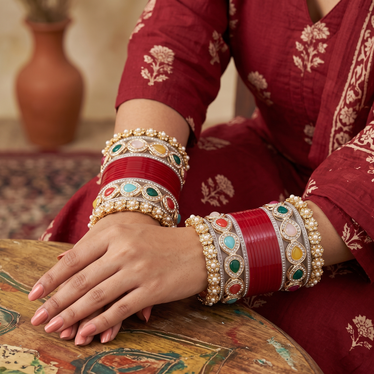 AYSIMA Red Bridal Chura & Multicolour Kadas – Gulnaar - 36 pieces