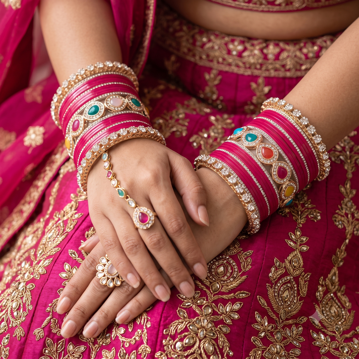 AYSIMA Rageshri Rani Pink Bridal Bangle Set with Multicolour Kada