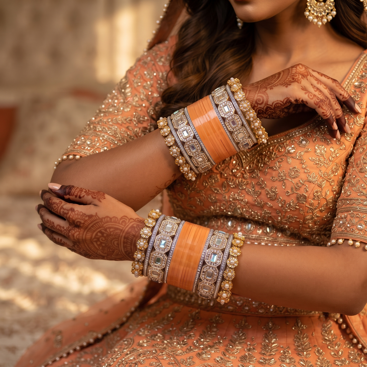 AYSIMA Amodini – Peach Bridal Bangle Set with Pachari Kadas | 36 Pieces