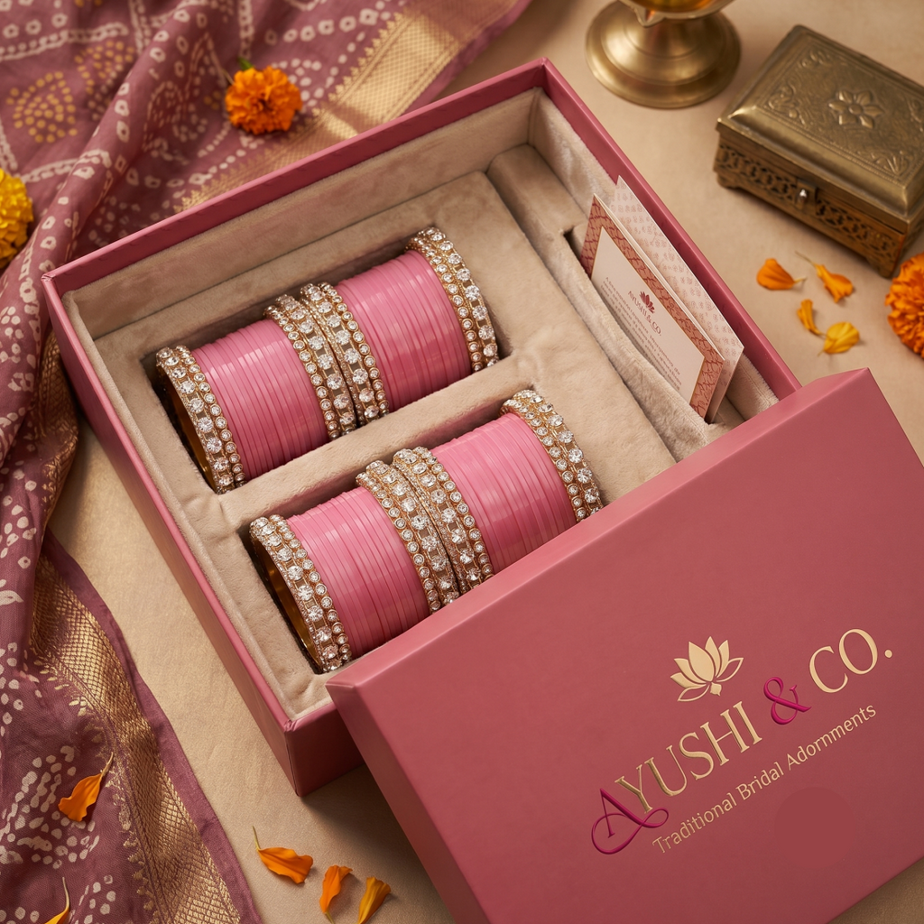 AYSIMA Padmika Pink Bridal Bangle Set with Floral Kadas - 56 pieces