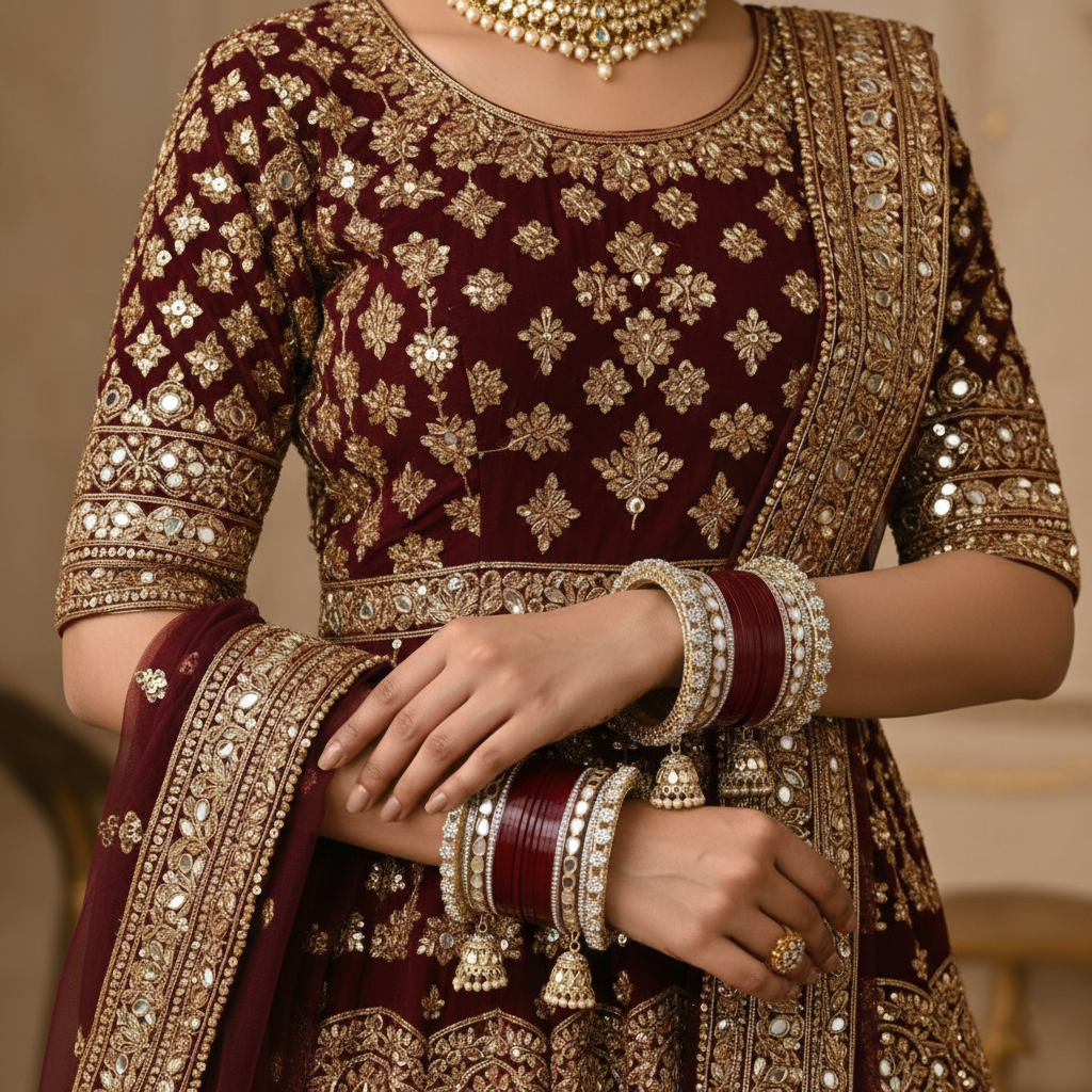 AYSIMA Anuradha – Maroon Bridal Bangle Set with Jhumka Charms - 36 pieces