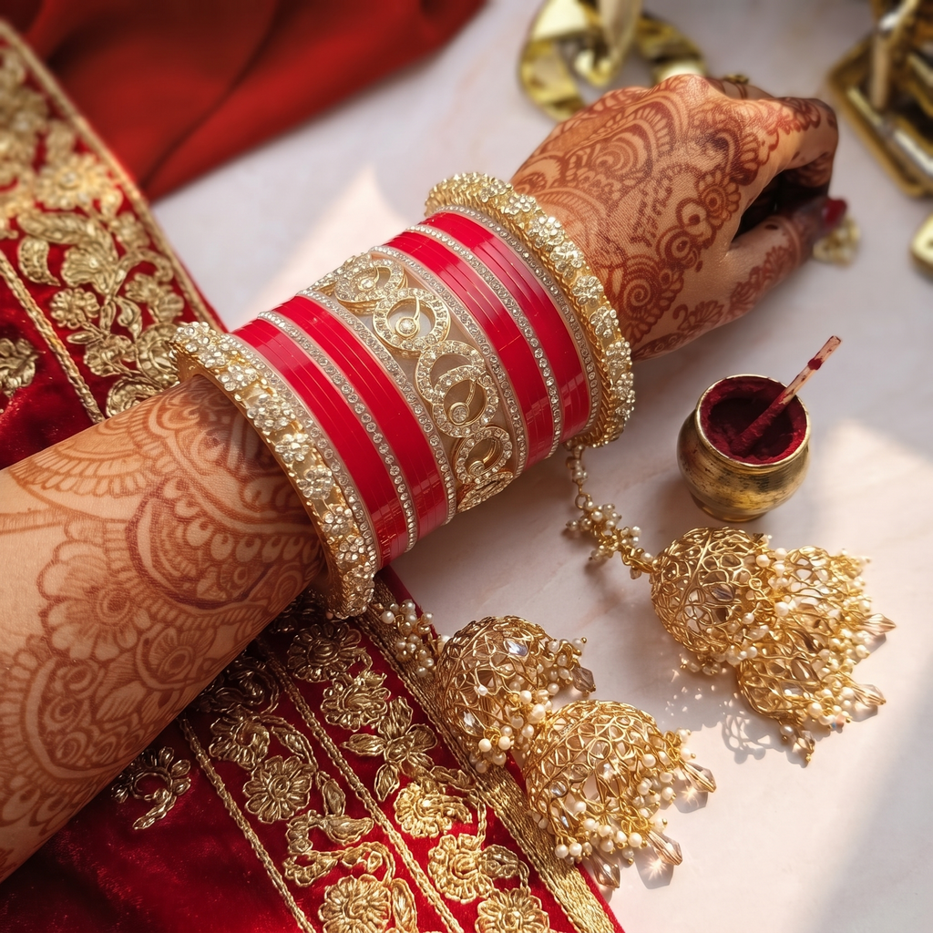 AYSIMA Radhika – Red Bridal Chura Bangles with Gold-Tone Floral Kadas - 42 pieces