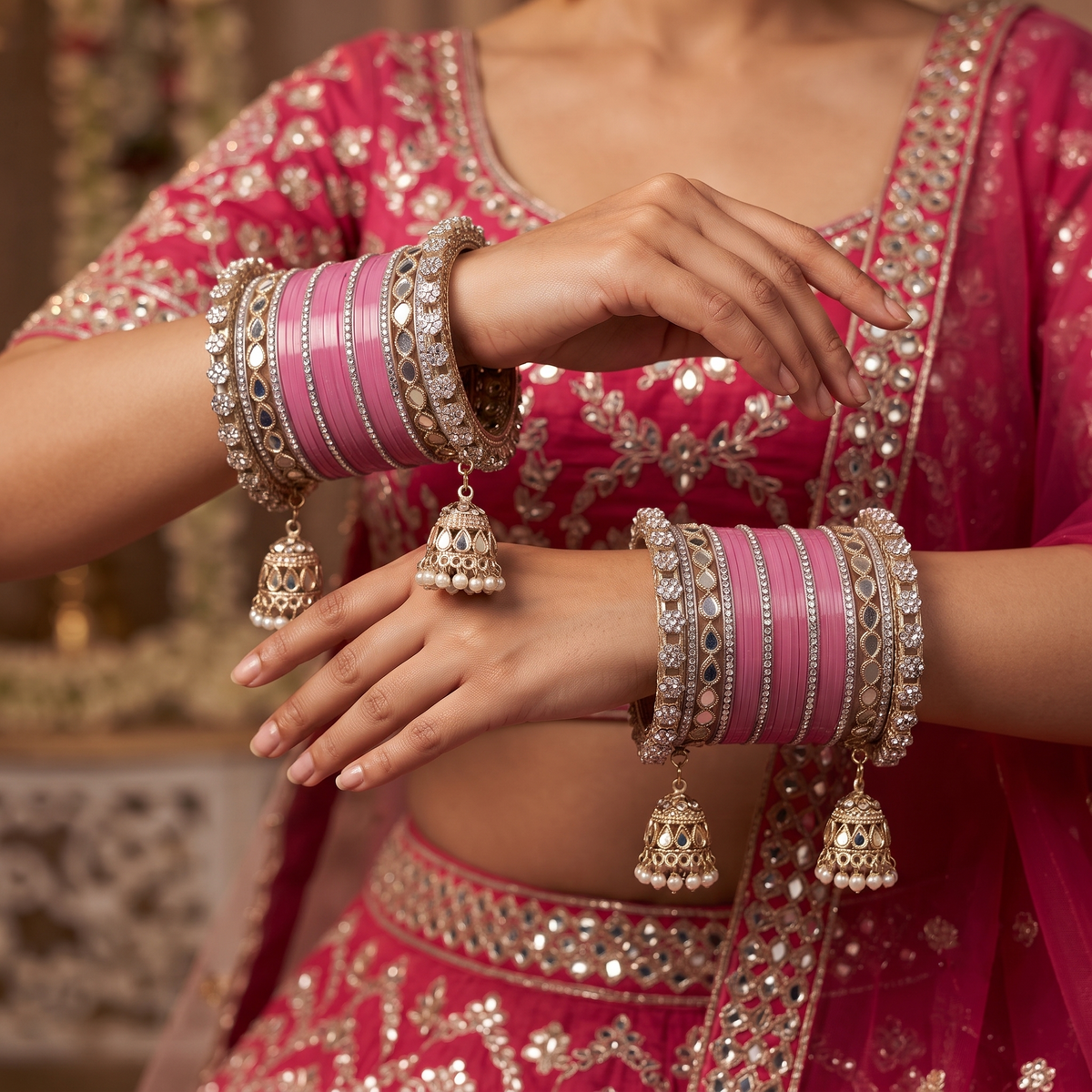 AYSIMA Mrinalini – Rose Pink Bridal Bangles with Jhumka Charms & Mirror-Look Kadas - 40 pieces