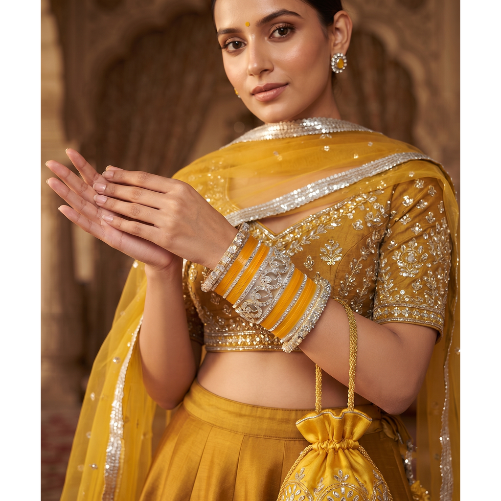 AYSIMA Surabhi – Yellow Haldi Bangle Set with Gold-Tone Floral Kadas - 42 pieces