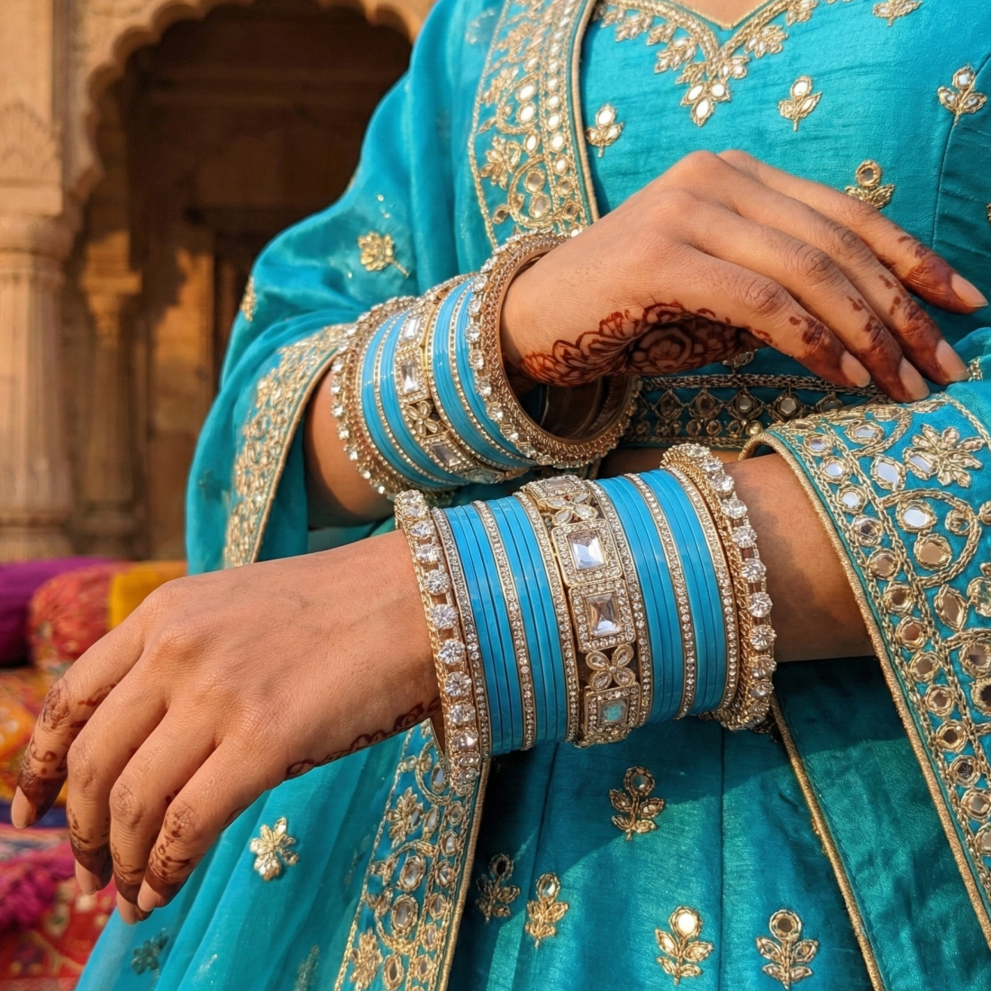 AYSIMA Ambara Sky Blue Bangle Set for Women | Bridal Wedding Bangles with Floral Kadas