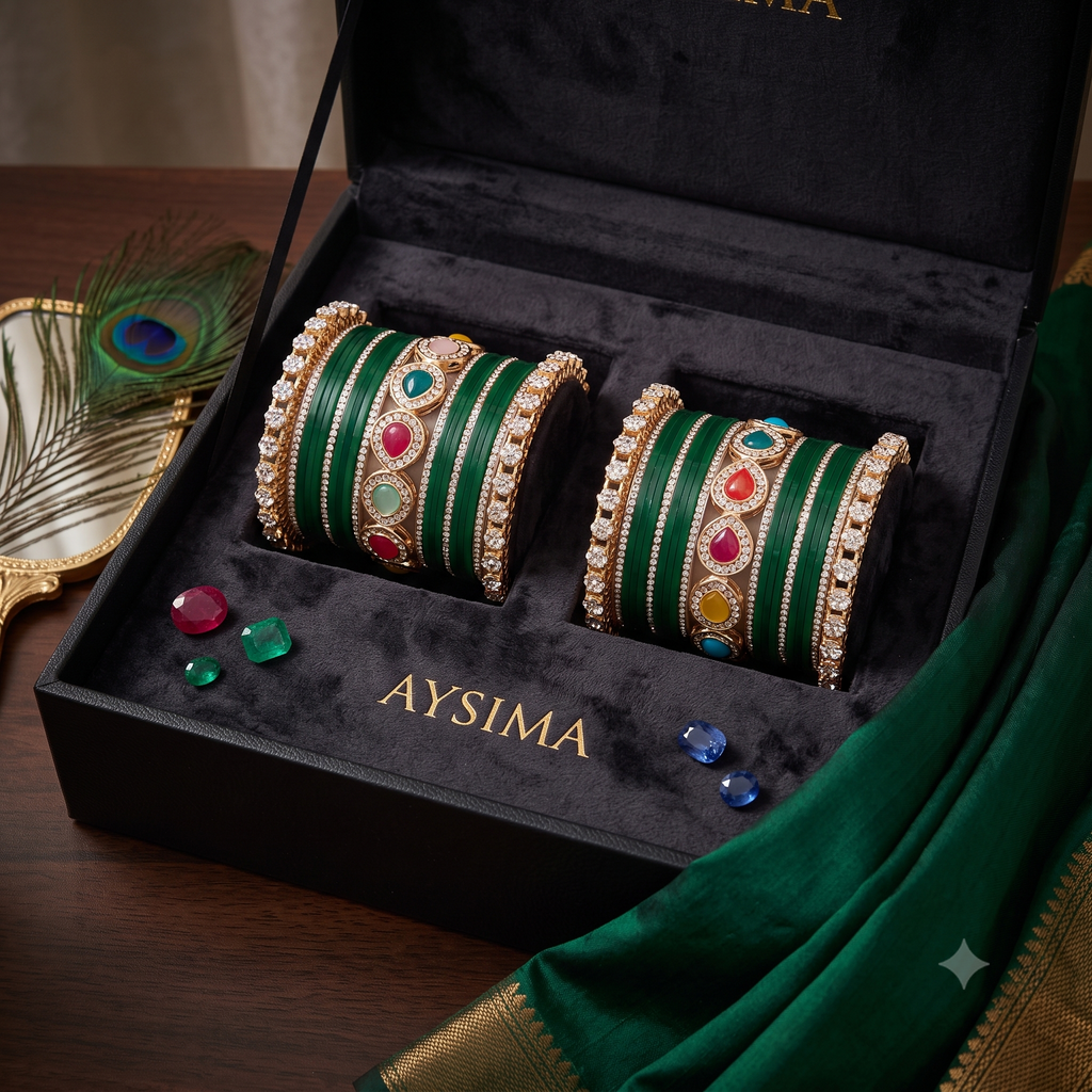 AYSIMA Harini Green Bridal Bangle Set with Multicolour Kadas