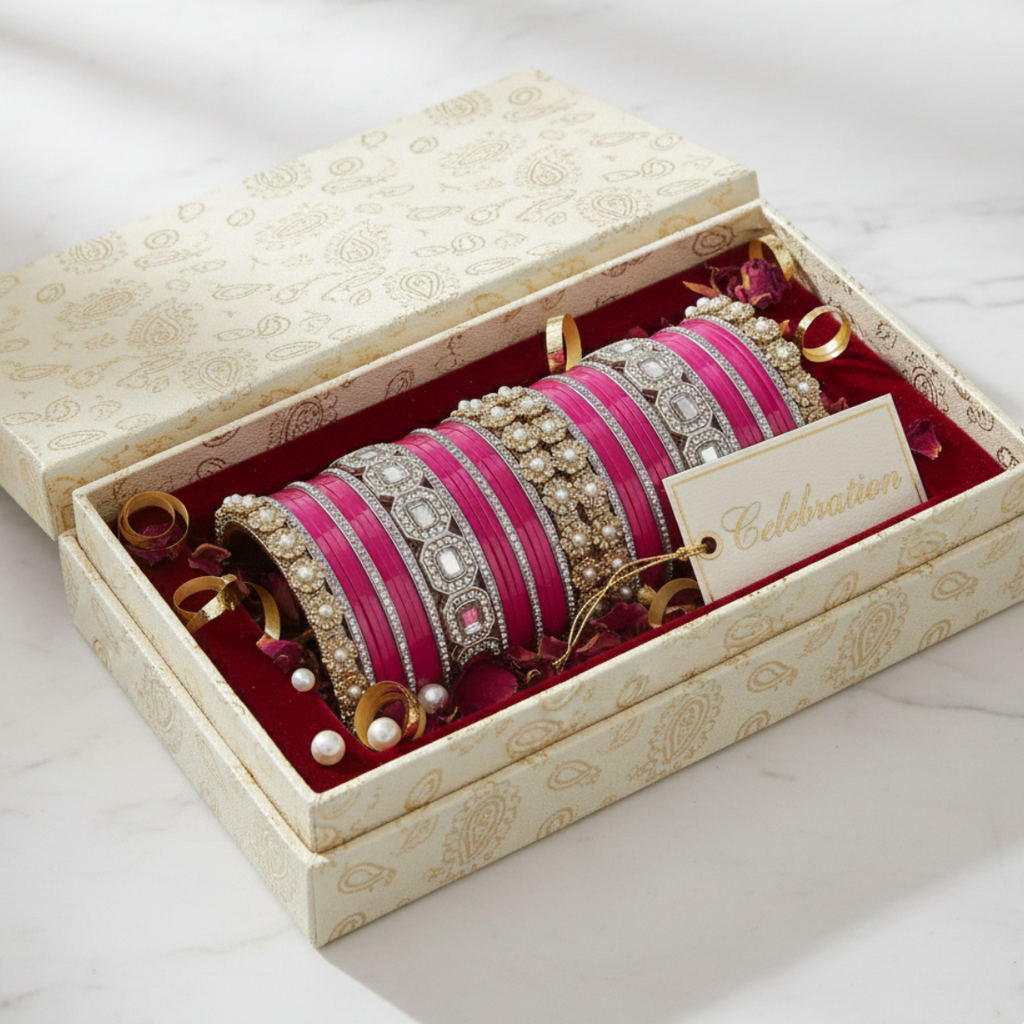 AYSIMA Rani Royale – Pink Bridal 42-Piece Bangle Set with Statement Kada