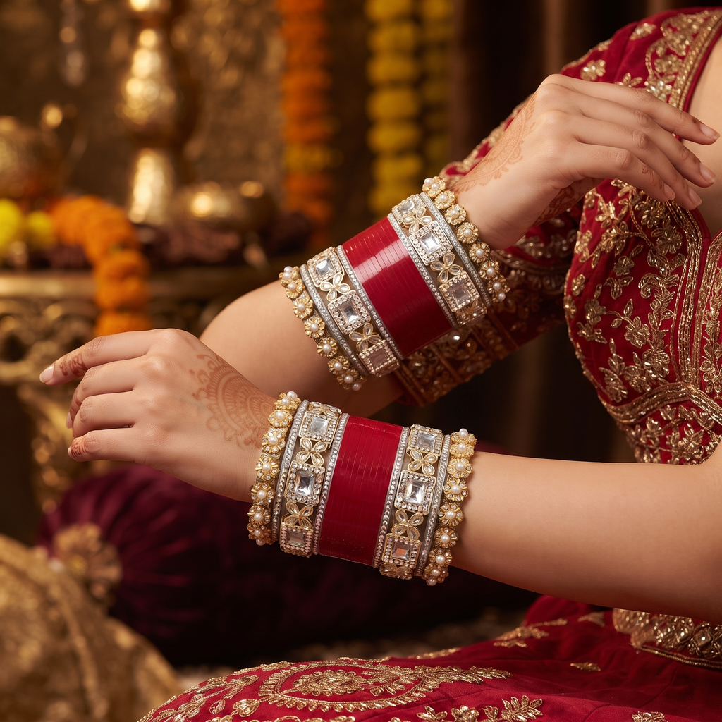 AYSIMA Red Bridal Bangle Set with Kundan-Style Kadas – 36 Pieces