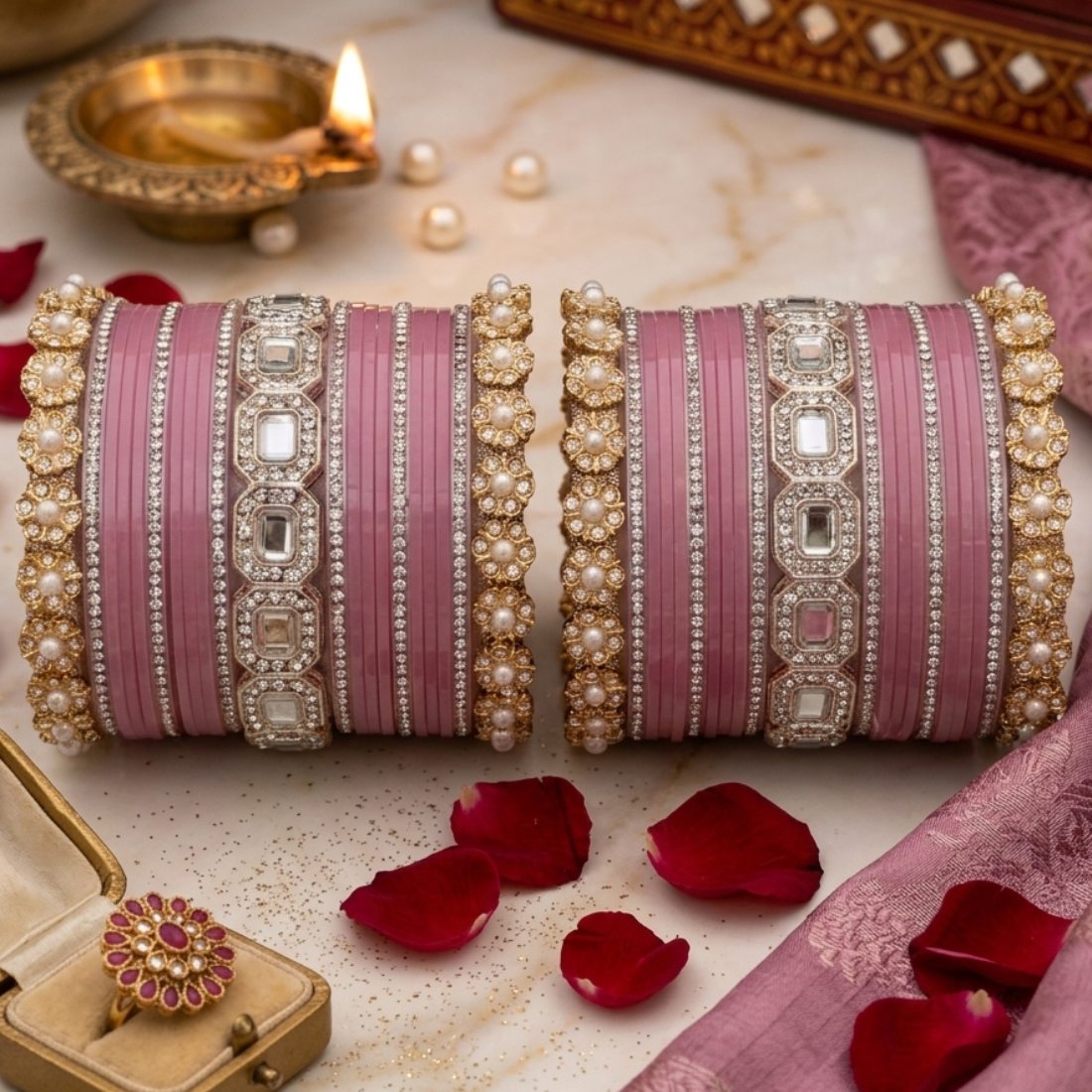 AYSIMA Roopika – Pink Bridal Bangle Set with Statement Kada - 42 pieces