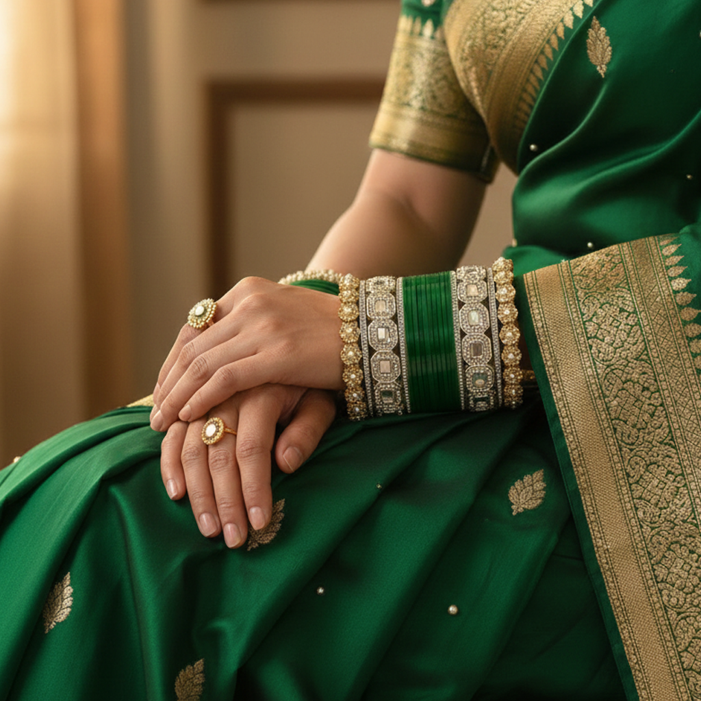 AYSIMA Varnika Green Bridal Bangle Set with Geometric & Floral Kadas - 36 pieces