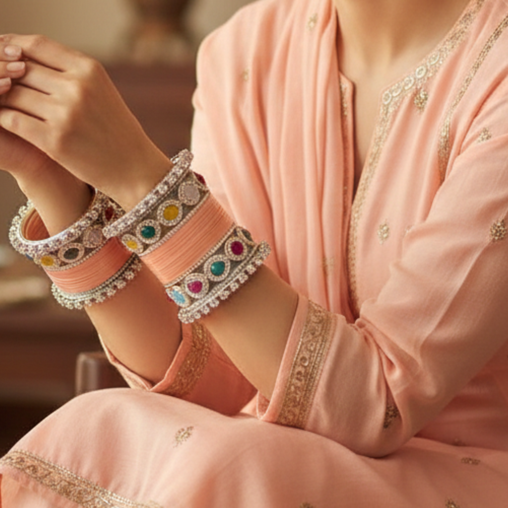 Peach Bridal Bangles & Multicolour Kadas | AYSIMA Mridula - 36 pieces