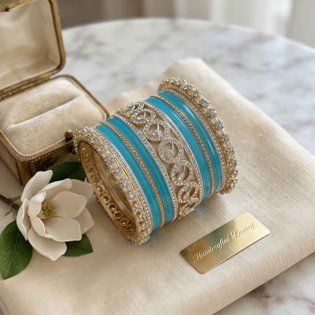 AYSIMA Indira – Aqua Blue Bridal Bangle Set with Floral Kadas - 42 pieces