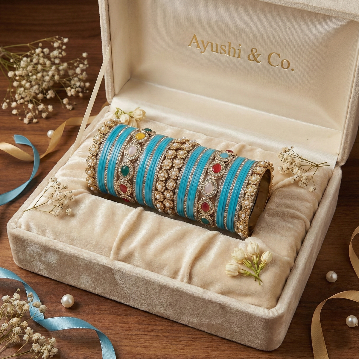 AYSIMA Neelambari – Turquoise Blue Bridal Bangle Set with Statement Kada - 42 pieces