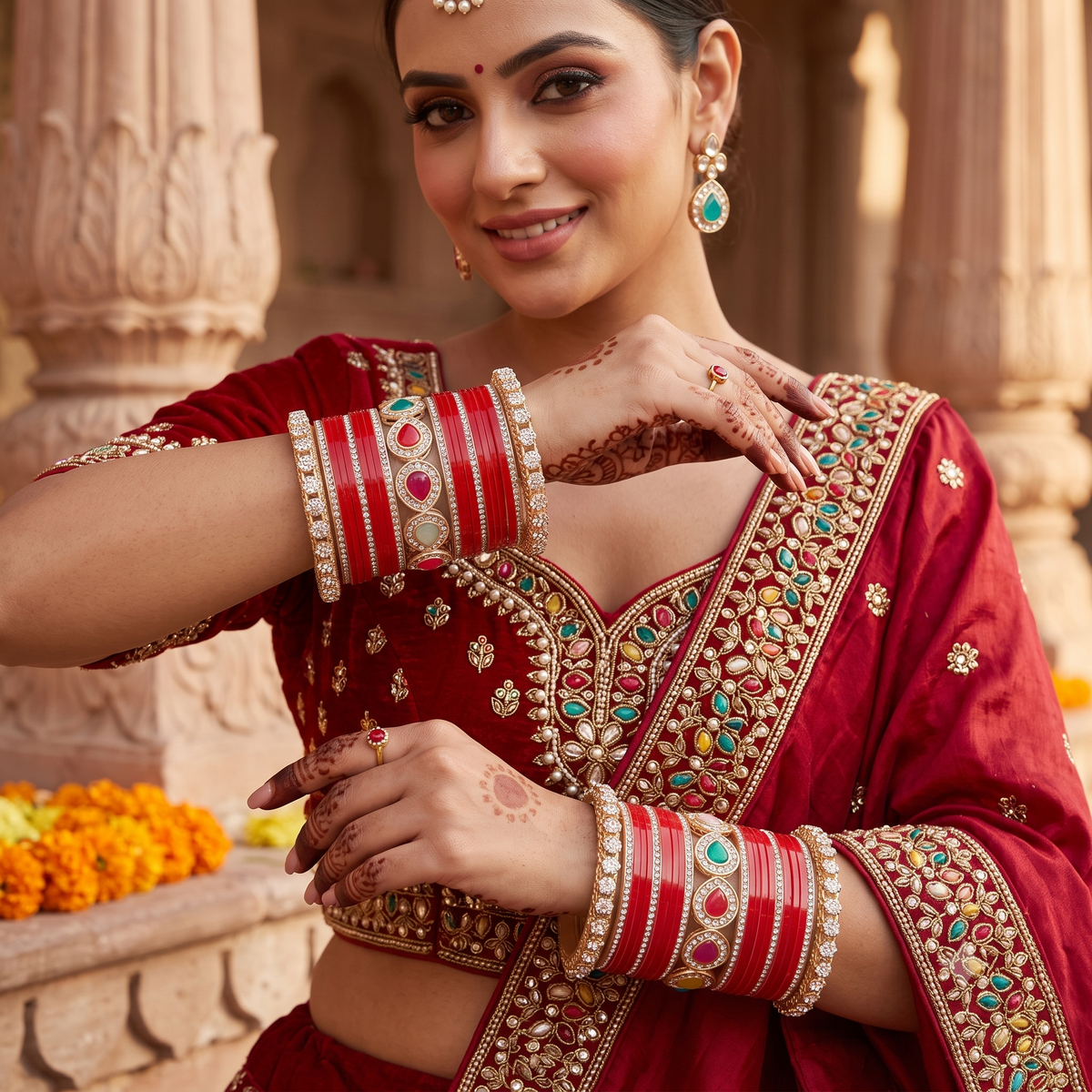 AYSIMA Suhaani Red Bridal Bangle Set with Multicolour Kada