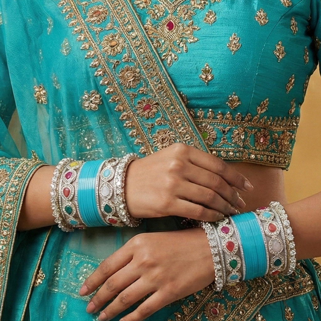 Blue Bridal Bangles & Multicolour Kadas | AYSIMA Yamini - 36 pieces