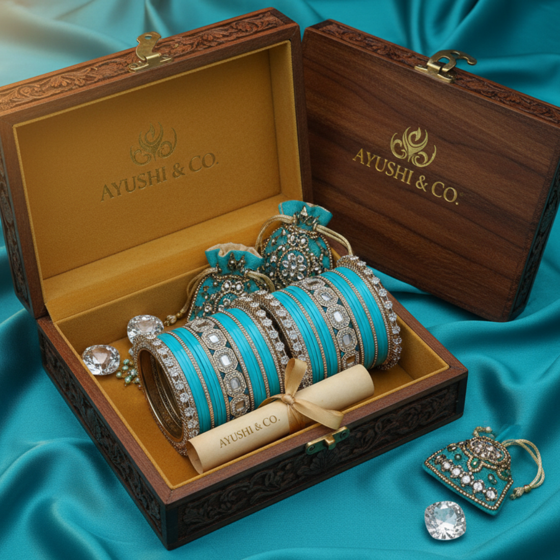 AYSIMA Turquoise Royale – Blue 42-Piece Bangle Set with Statement Kada