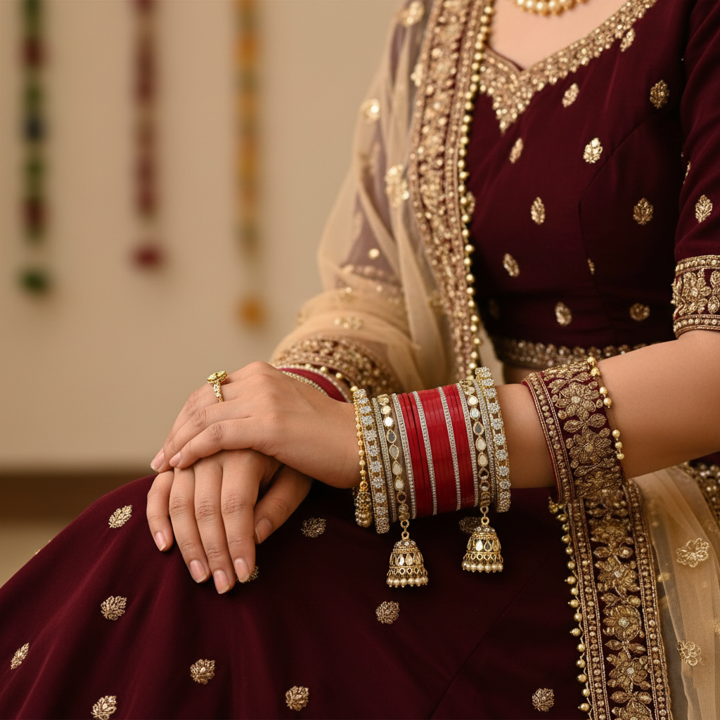 AYSIMA Aaradhya – Red Bridal Chura Bangles with Mirror-Look Kadas & Jhumka Charms - 40 pieces