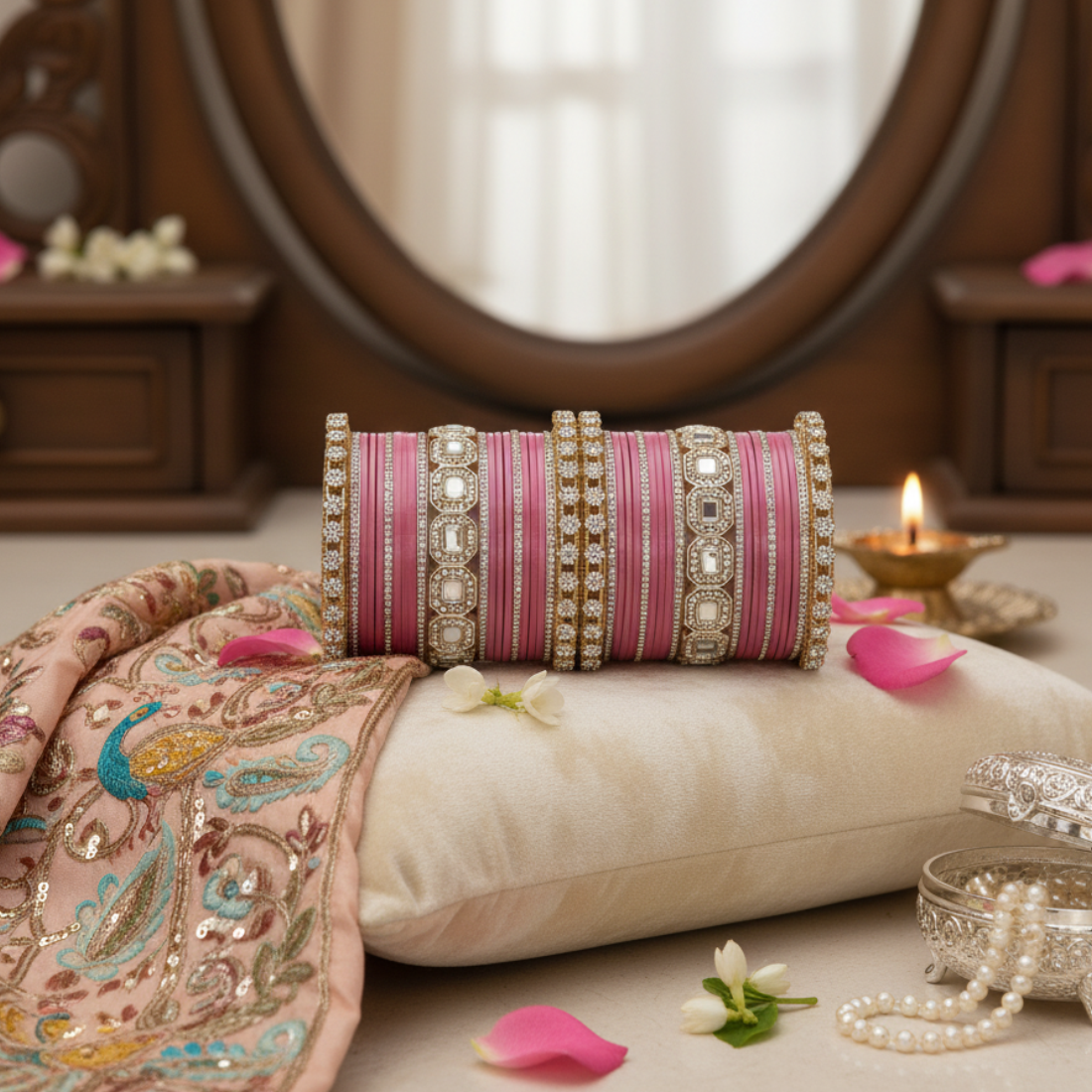 AYSIMA Rose Radiance – Pink 42-Piece Bridal Bangle Set with Designer Kada