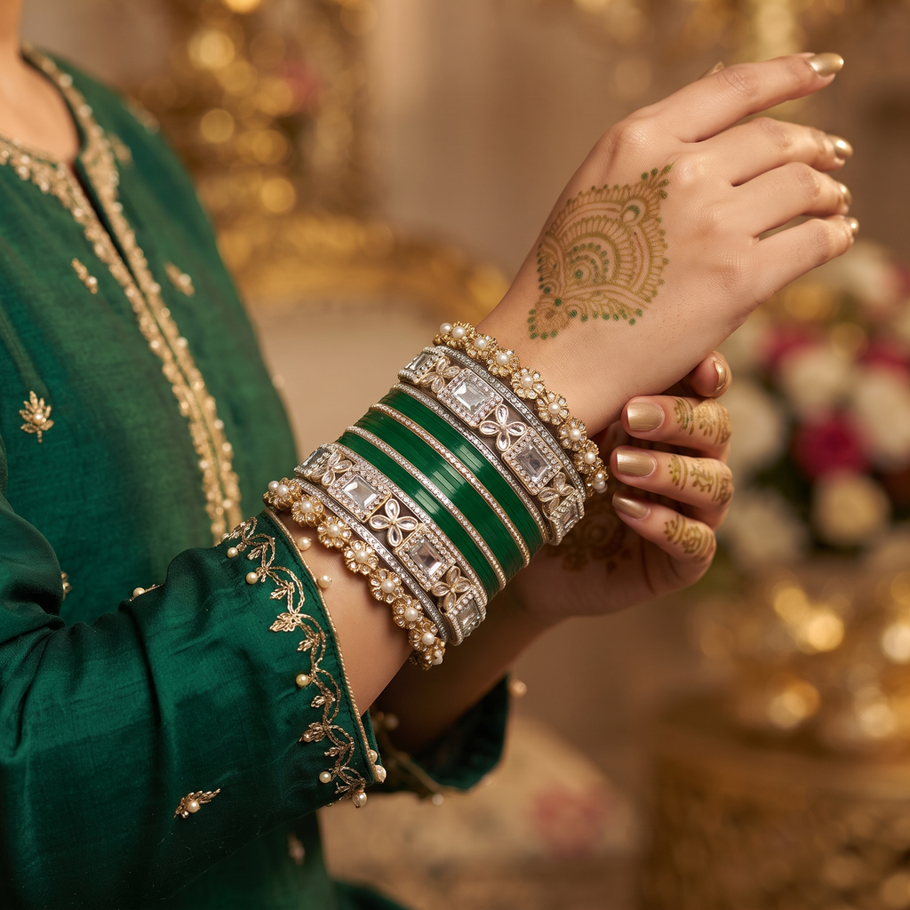 AYSIMA Aparna – Green Bridal Bangles with Floral Kadas & Pearl-Look Accents - 40 pieces
