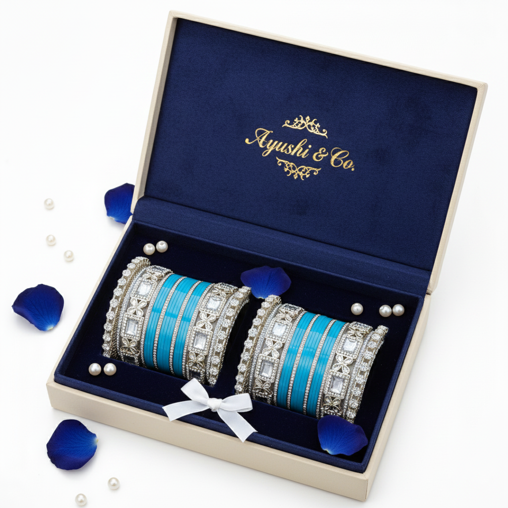 AYSIMA Niharika – Turquoise Blue Bridal Bangle Set with Floral Kadas - 40 pieces