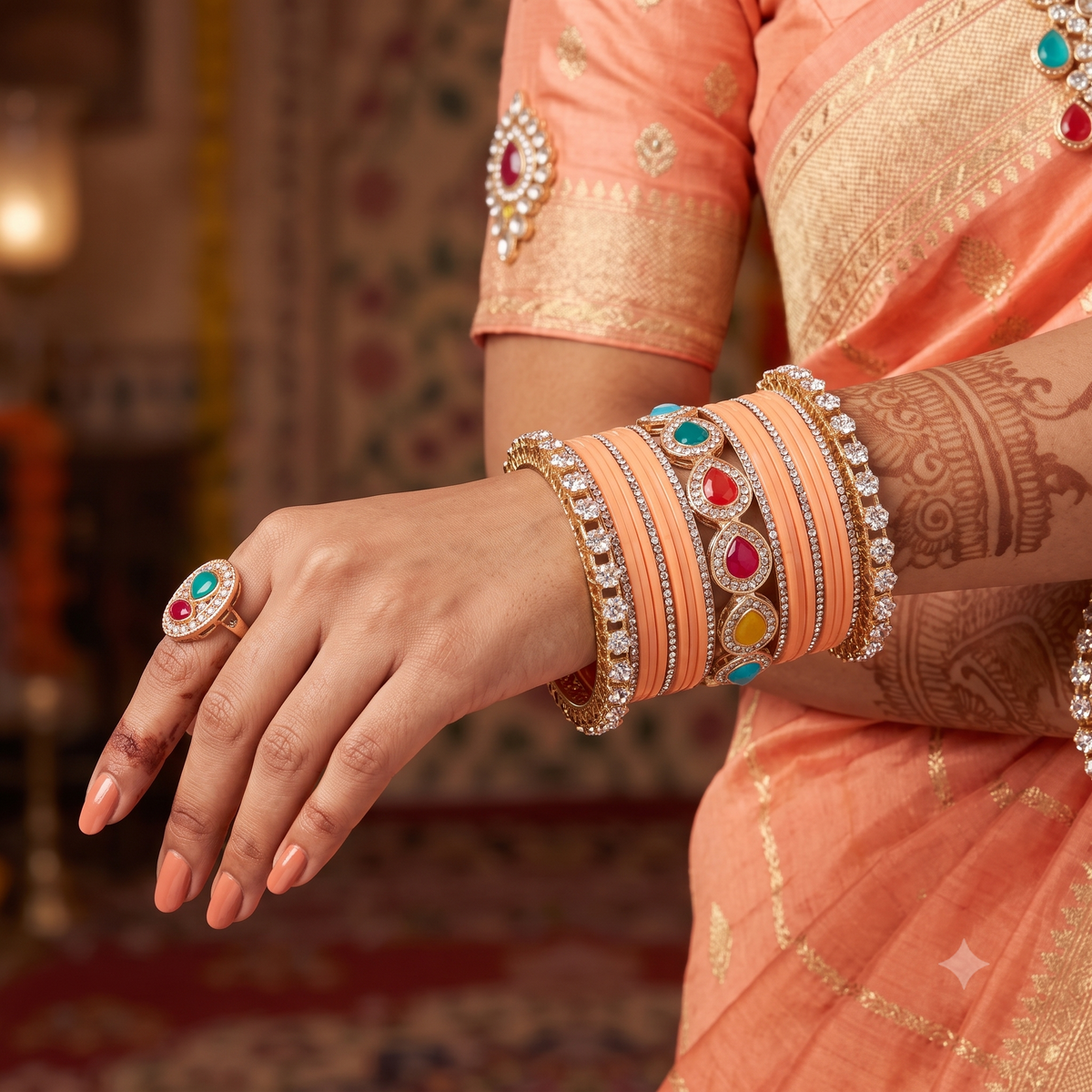 AYSIMA Aarohi Peach Bridal Bangle Set with Multicolour Kada
