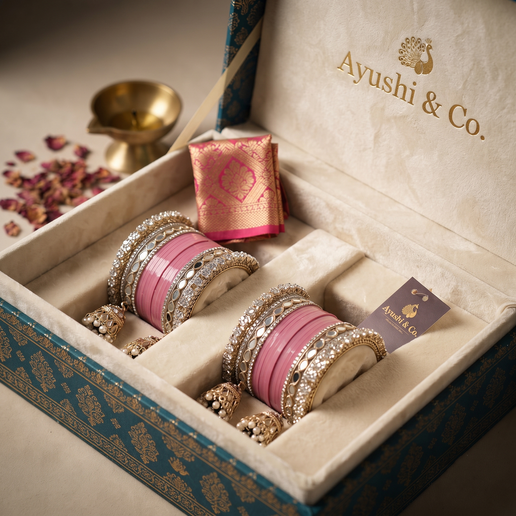 AYSIMA Roshni – Pink Bridal Bangle Set with Mirror-Look Kadas & Jhumka Charms - 36 pieces