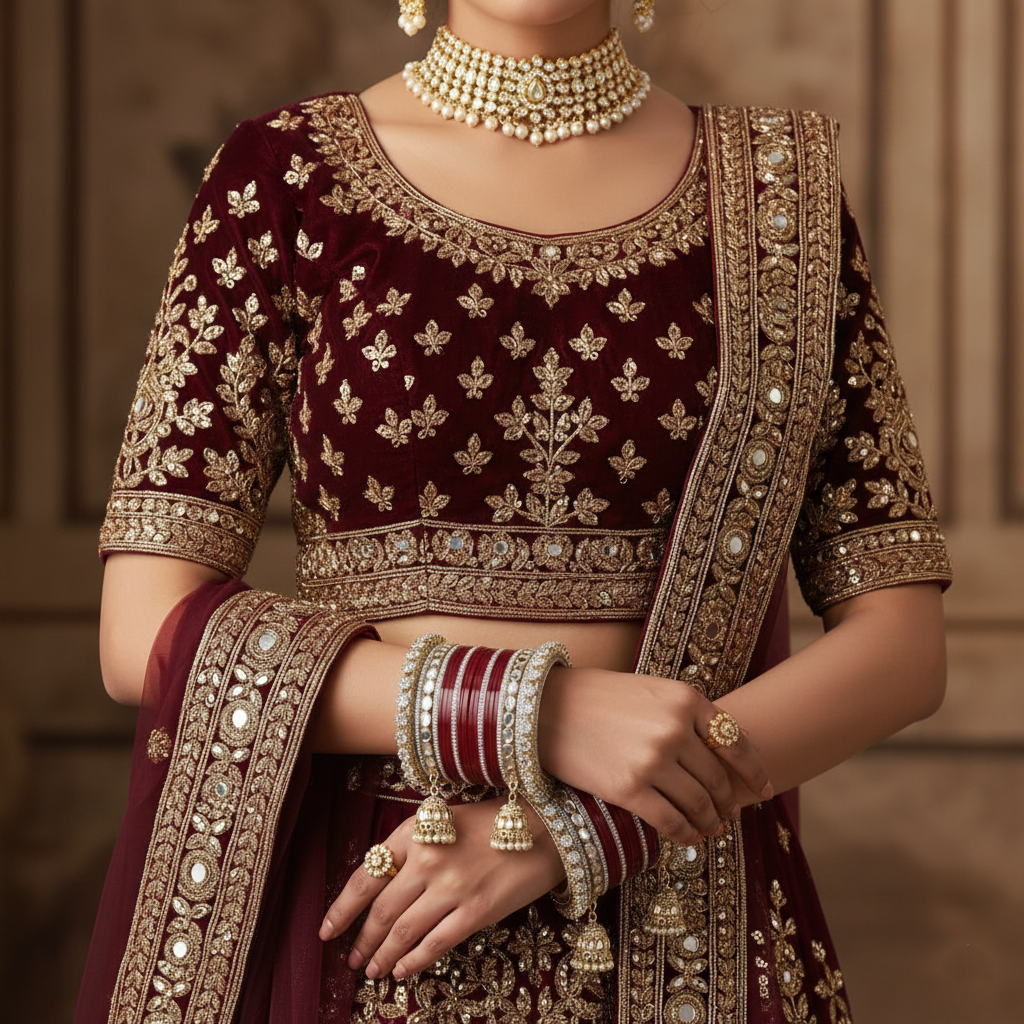 AYSIMA Maithili – Maroon Bridal Bangle Set with Mirror-Look Kadas & Jhumka Charms - 40 pieces