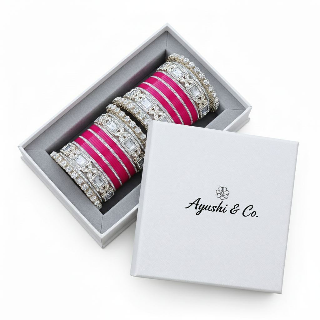 AYSIMA Manjari – Rani Pink Bridal Bangle Set with Floral Kadas - 40 pieces