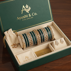 AYSIMA Vasudha – Bottle Green Bridal Bangle Set with Gold-Tone Floral Kadas - 42 pieces