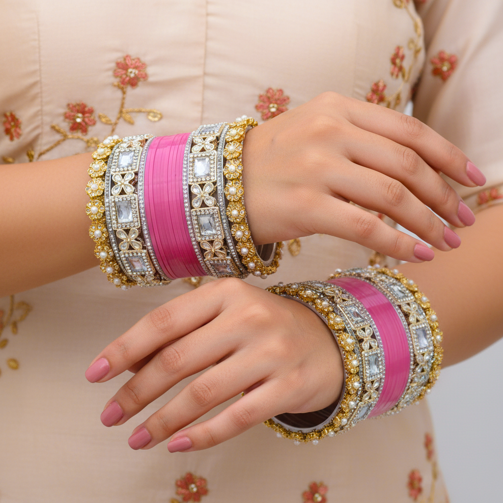 AYSIMA Pink Bridal Bangle Set with Kundan-Style Kadas – 36 Pieces