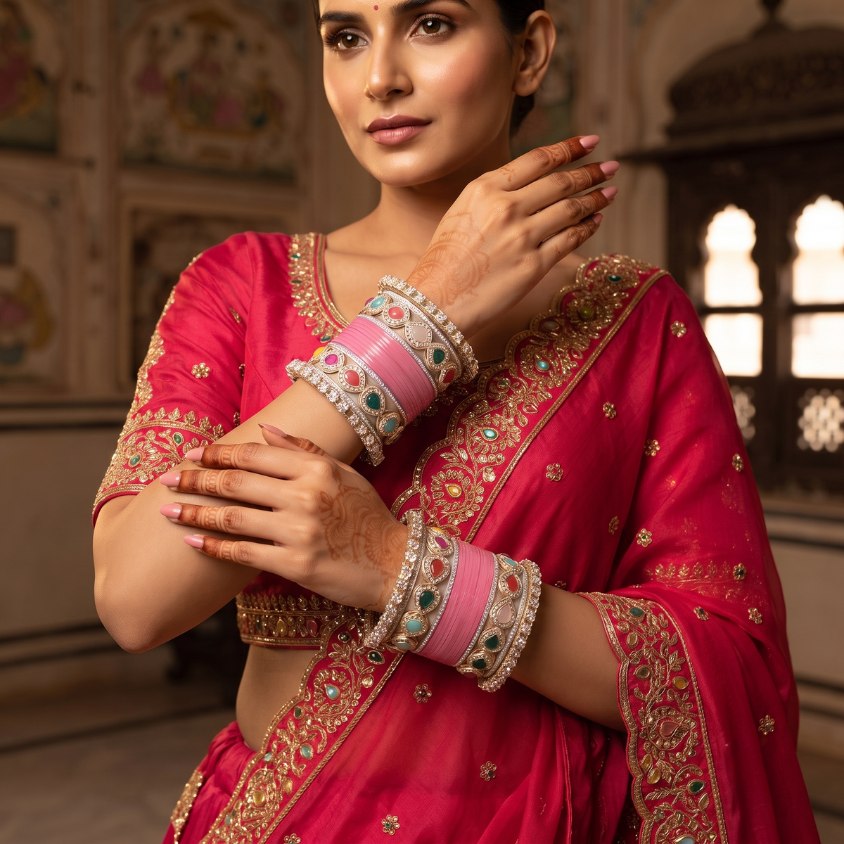Pink Bridal Bangles & Multicolour Kadas | AYSIMA Malvika - 36 pieces