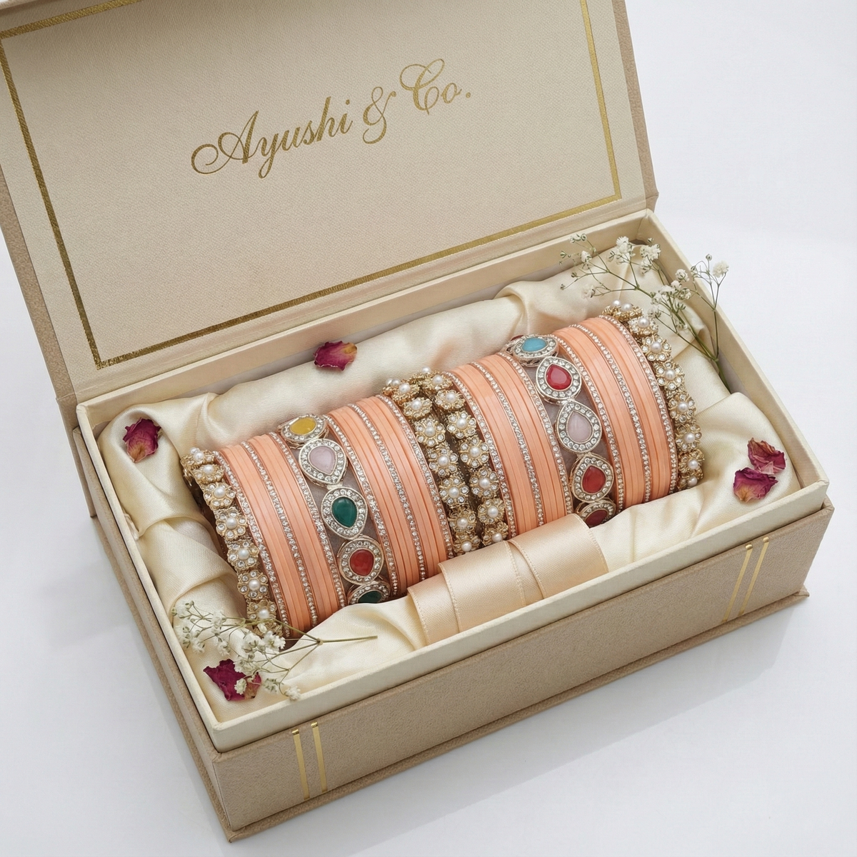 AYSIMA Peach Royale – Peach Bridal Bangle Set with Statement Kada - 42 pieces