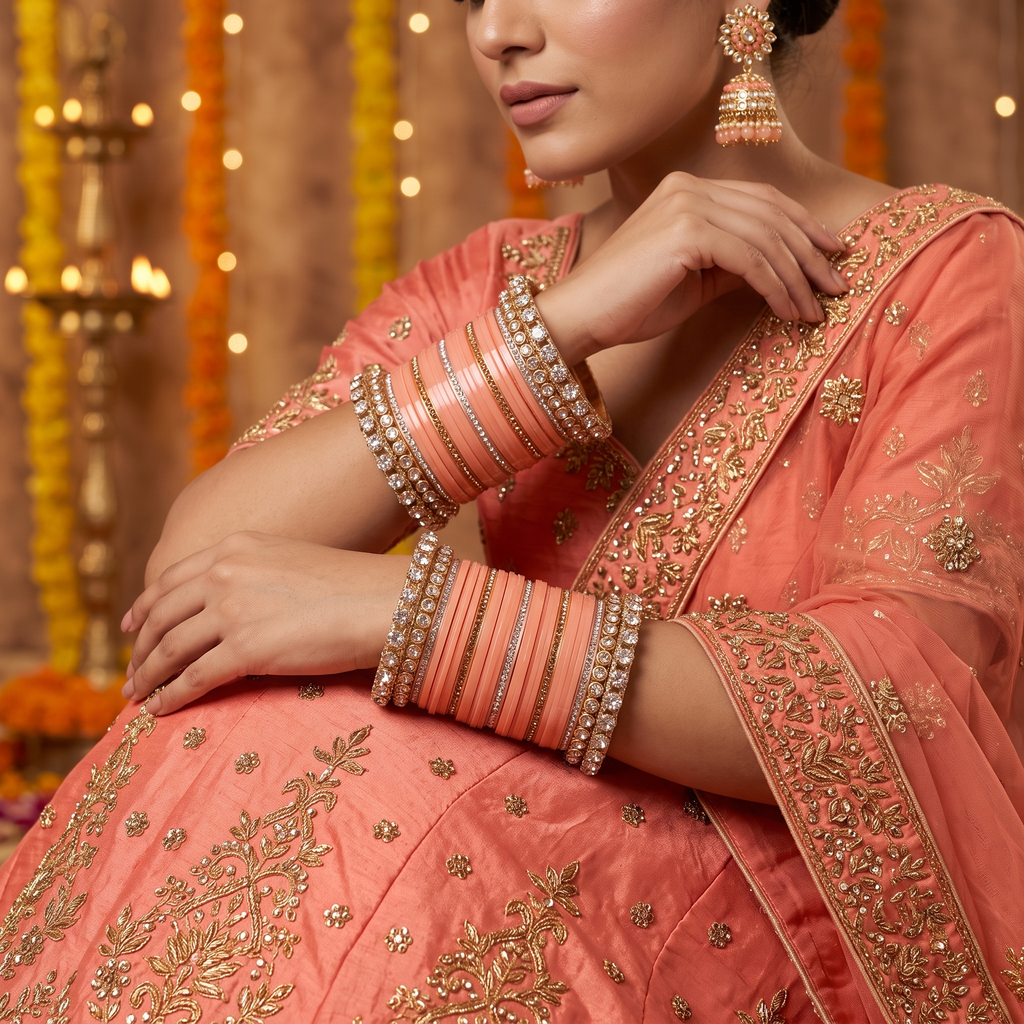AYSIMA Charulata – Peach Bridal Bangle Set with Floral Kadas | 42 Pieces