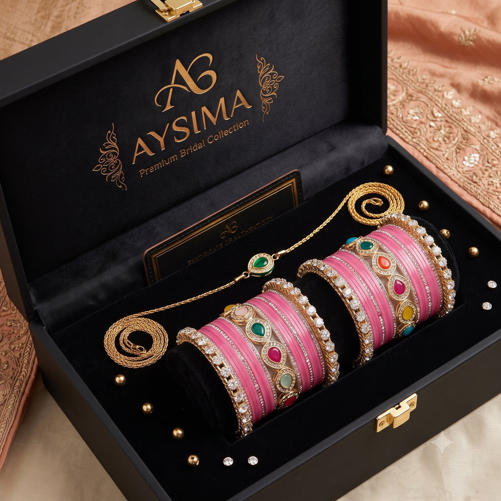 AYSIMA Pankhuri Pink Bridal Bangle Set with Multicolour Kada