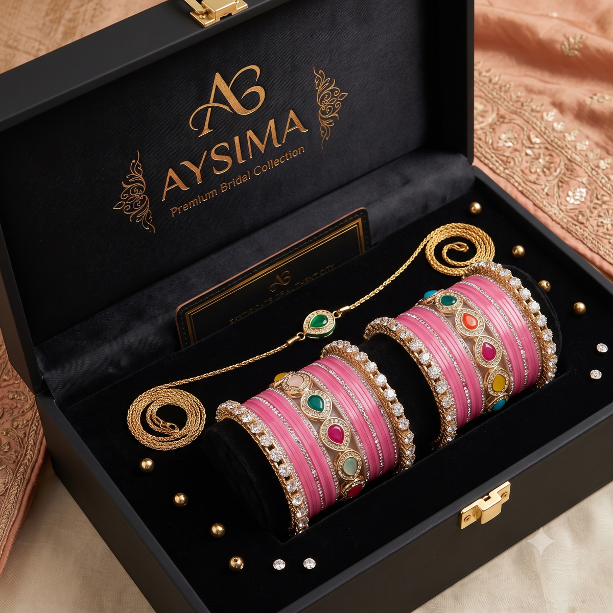 AYSIMA Pankhuri Pink Bridal Bangle Set with Multicolour Kada