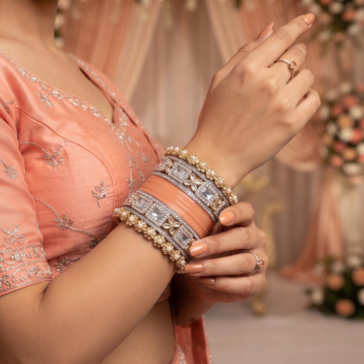 AYSIMA Peach Bridal Bangle Set with Floral Kadas – 36 Pieces