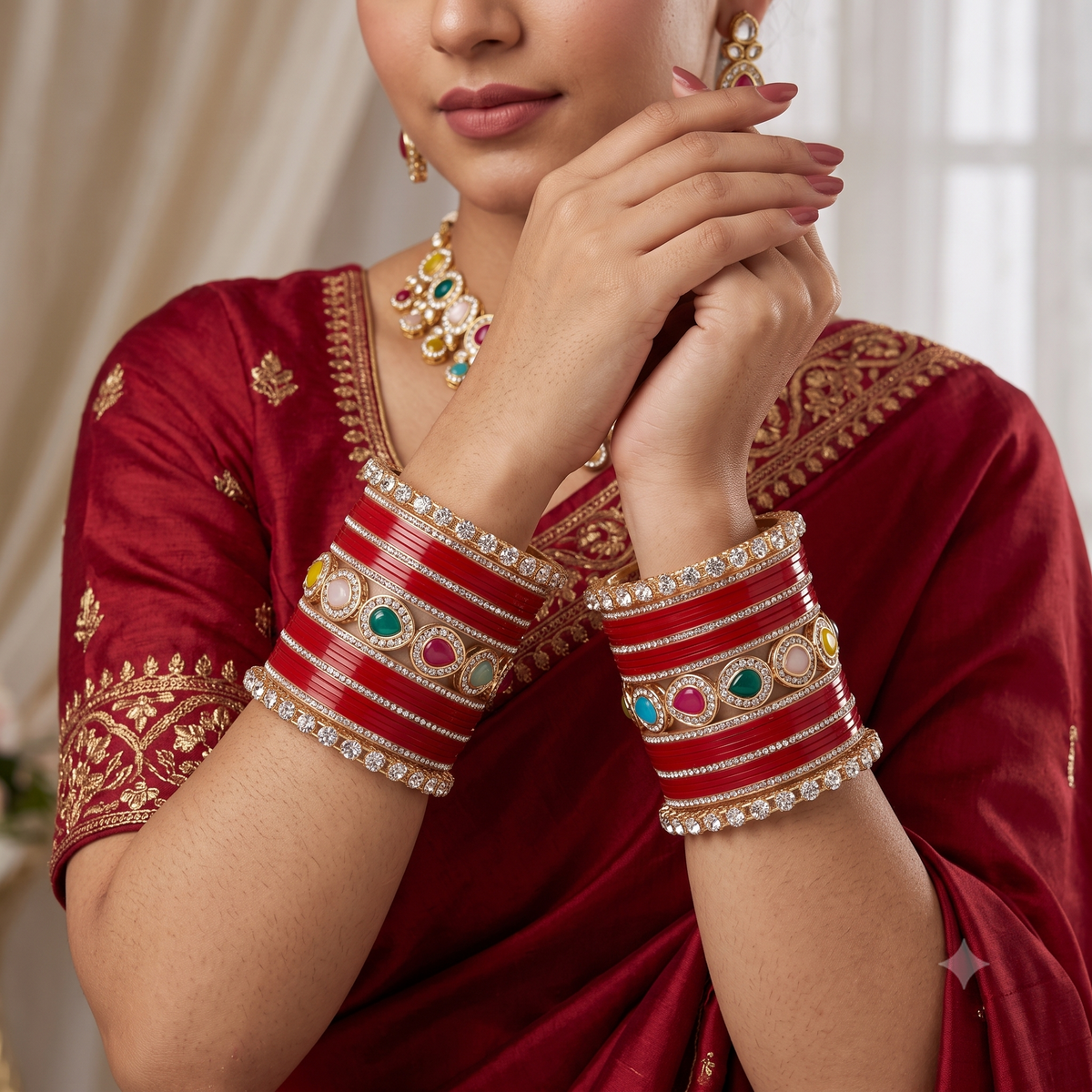 AYSIMA Suhaani Red Bridal Bangle Set with Multicolour Kada
