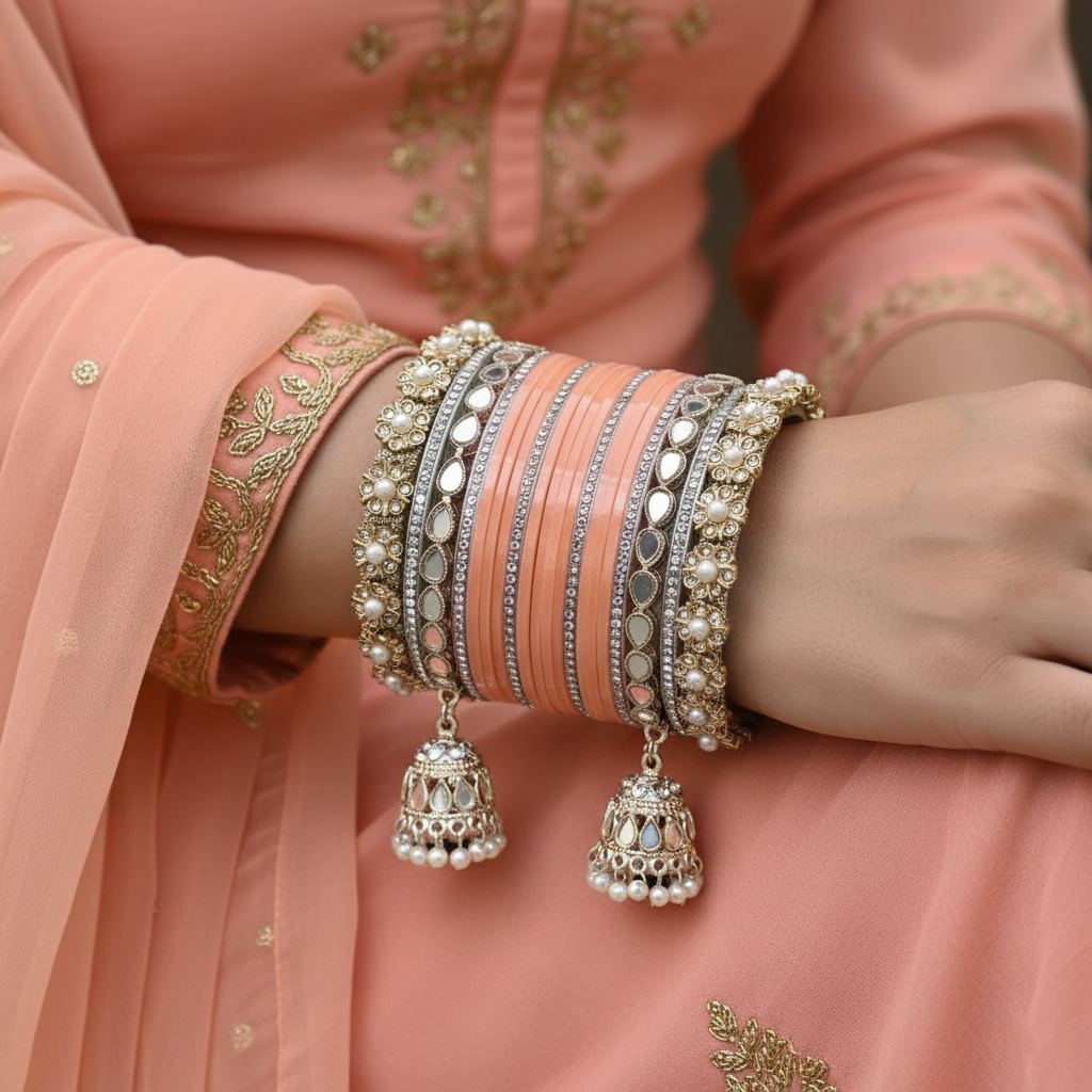 AYSIMA Peach Bridal Chura & Kangan Bangle Set – 40 Pieces