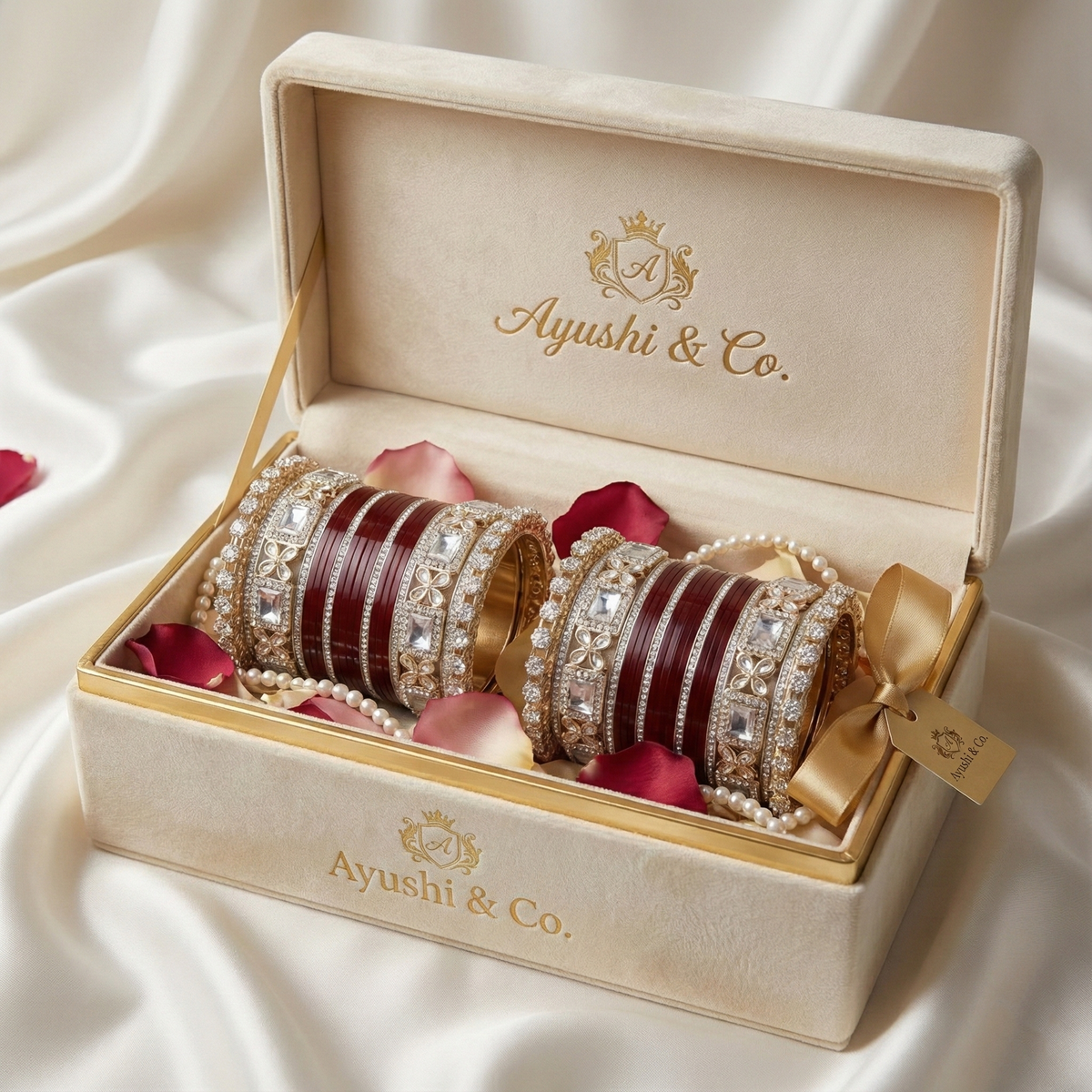 AYSIMA Rajshree – Maroon Bridal Bangle Set with Floral Kadas - 40 pieces