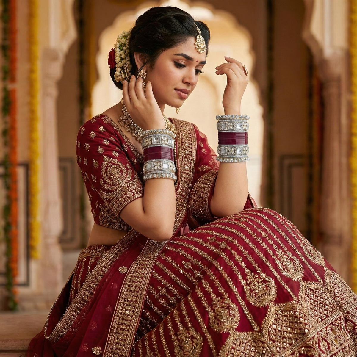 AYSIMA Raagini – Maroon Bridal Bangles &amp; Floral Kadas - 36 pieces