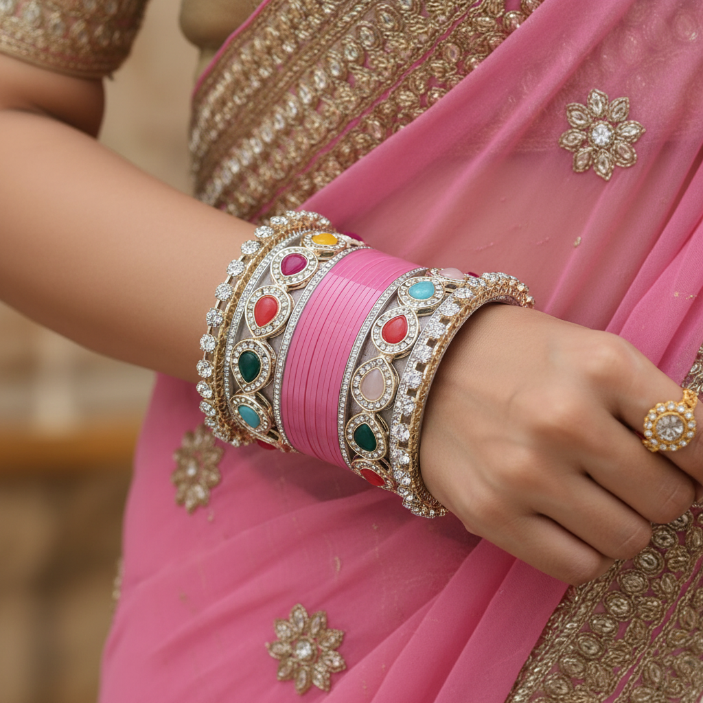 Pink Bridal Bangles & Multicolour Kadas | AYSIMA Malvika - 36 pieces