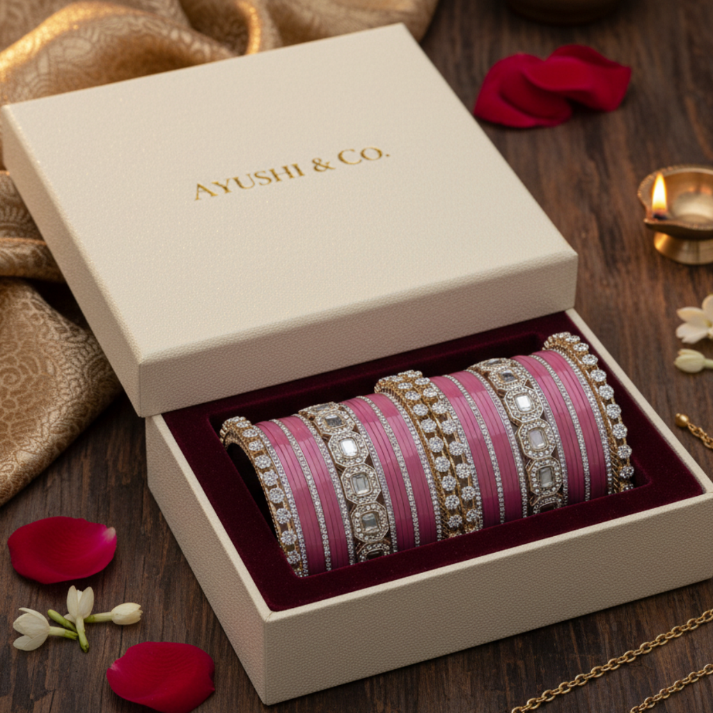AYSIMA Rose Radiance – Pink 42-Piece Bridal Bangle Set with Designer Kada