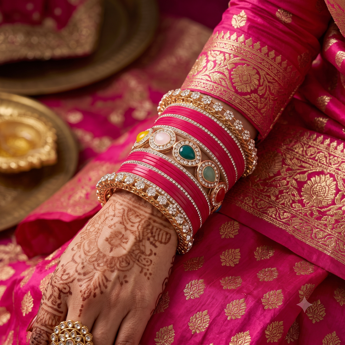 AYSIMA Rageshri Rani Pink Bridal Bangle Set with Multicolour Kada