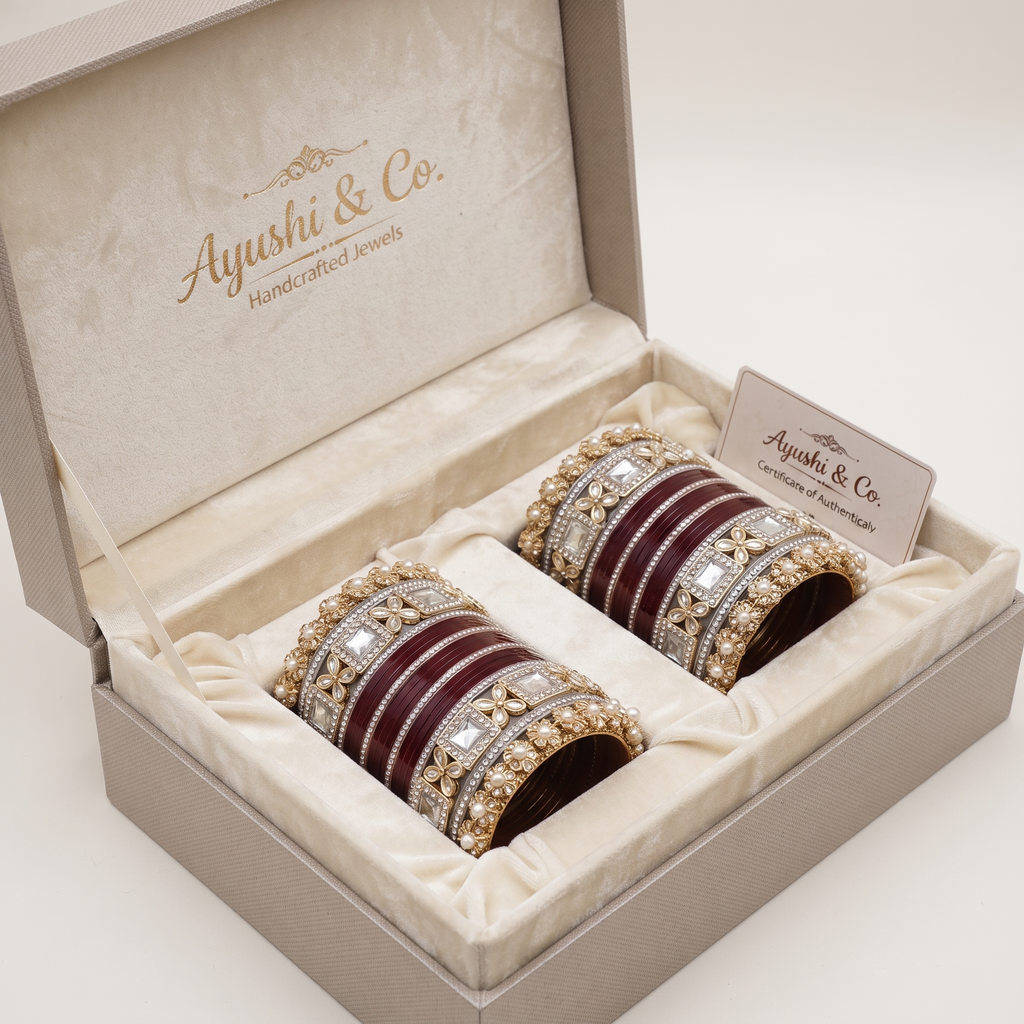 AYSIMA Manasvi – Maroon Bridal Bangles with Floral Kadas & Pearl-Look Accents - 40 pieces