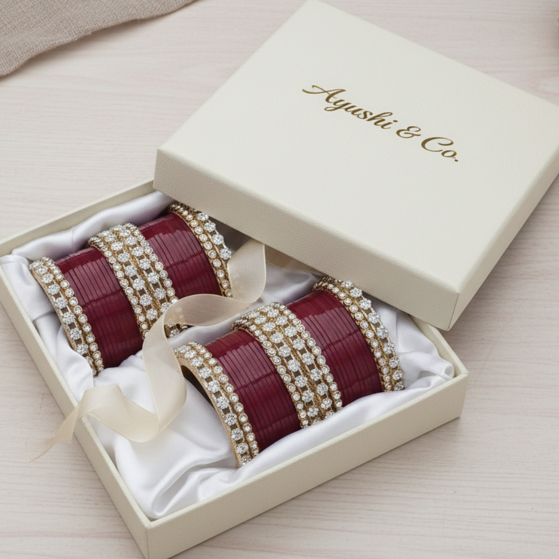 AYSIMA Burgundy Royale – Maroon 56-Piece Bridal Bangle Set with Statement Kada