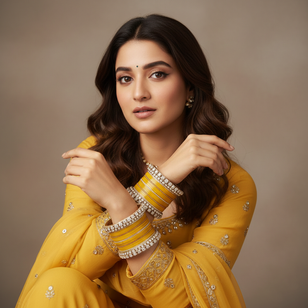 AYSIMA Sunehri Utsav – 42-Piece Mustard Yellow Bangle Set with Kadas