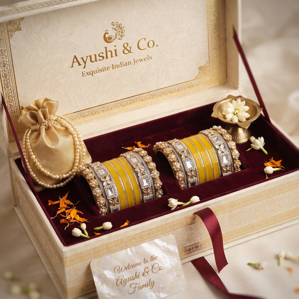 AYSIMA Sunaina – Yellow Haldi Bangle Set with Floral Kadas & Pearl-Look Accents - 40 pieces