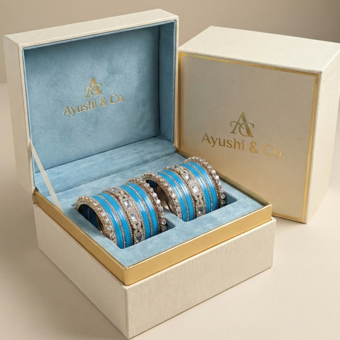 AYSIMA Ambara Sky Blue Bangle Set for Women | Bridal Wedding Bangles with Floral Kadas